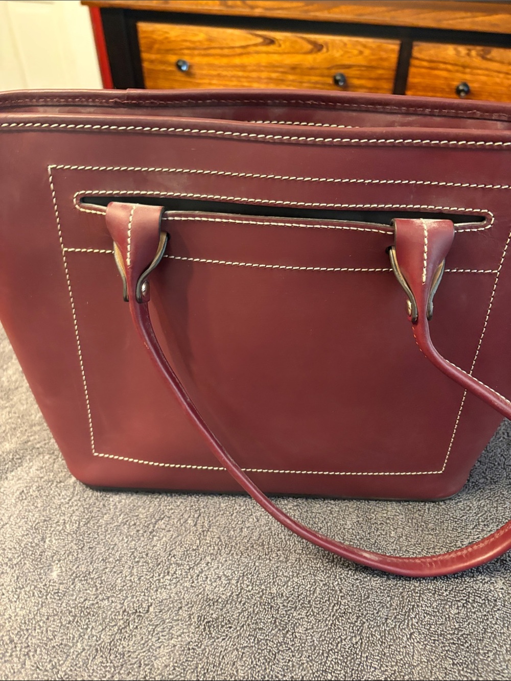 Dooney & Bourke Burgundy Leather Tote with Contrast Stitching - Picture 6 of 7